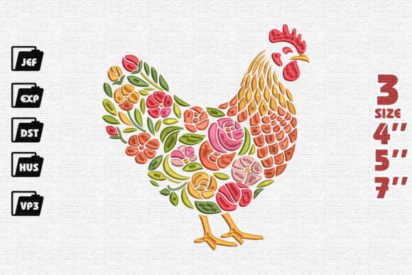 Colorful Folk Art Floral Chicken Embroidery Design