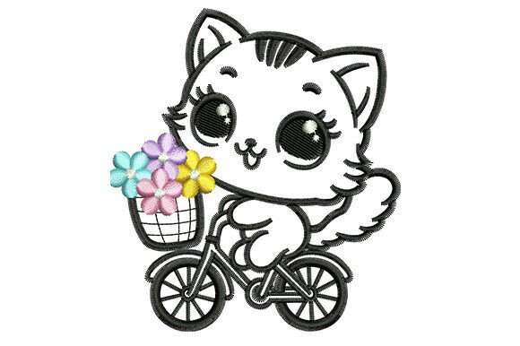 Cute Cat on Bicycle Embroidery Design
