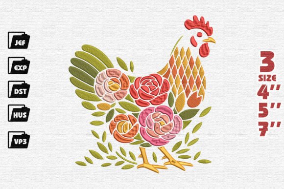 Folk Art Floral Rooster Embroidery Design