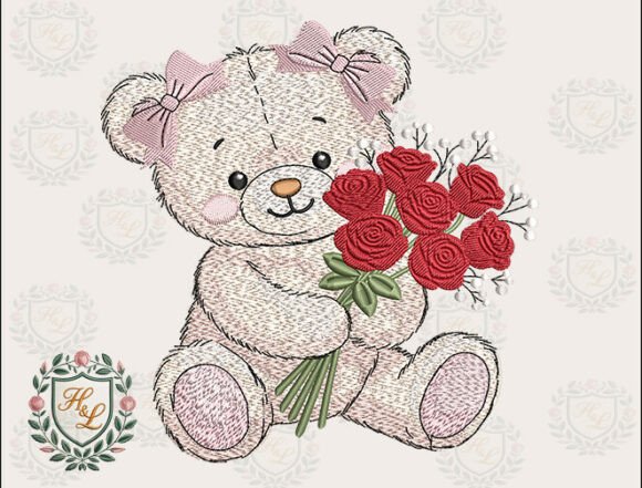 Girly Bear Rose Embroidery Files