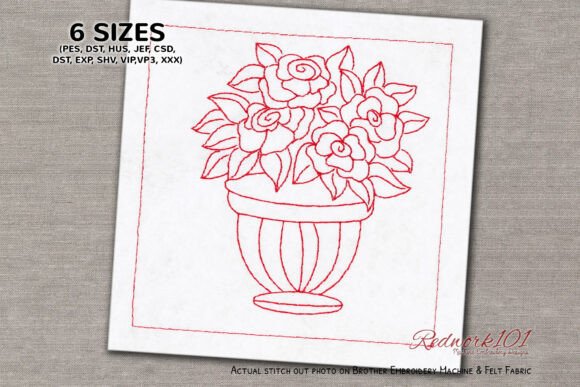 Pleasant Rose Flower Pot Redwork