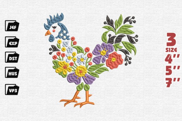 Whimsical Folk Art Floral Rooster Embroidery Design
